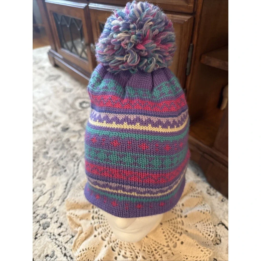 VTG Meister Winter Hat 100% Wool Pom Pom Beanie Lavender Cream Blue Yellow Pink